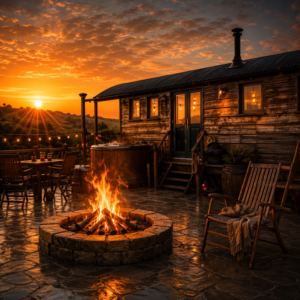 Rustic farm accommodation at sunset